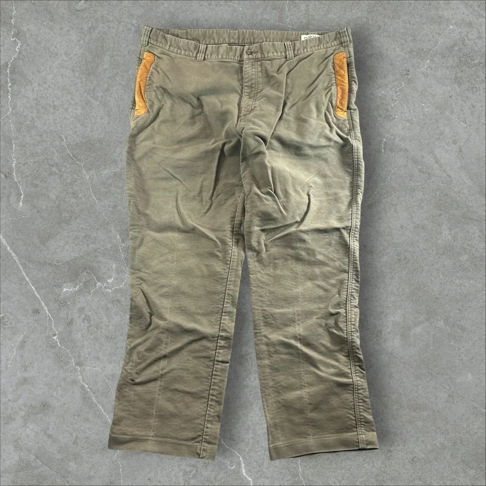 Orvis Field Pants Mens 46 Olive Green Quilted Leather Trim Moleskin Cotton